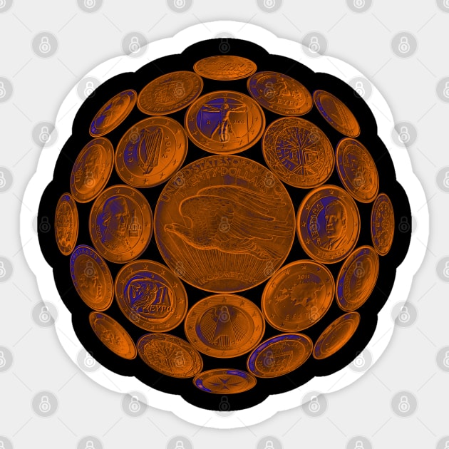 Orange USA Twenty Dollars Coin - Surrounded by other Coins on a Ball Sticker by The Black Panther